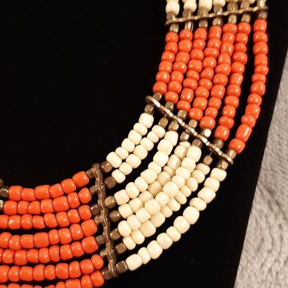 Beaded Ivory and Orange Necklace - Picture 2 of 5